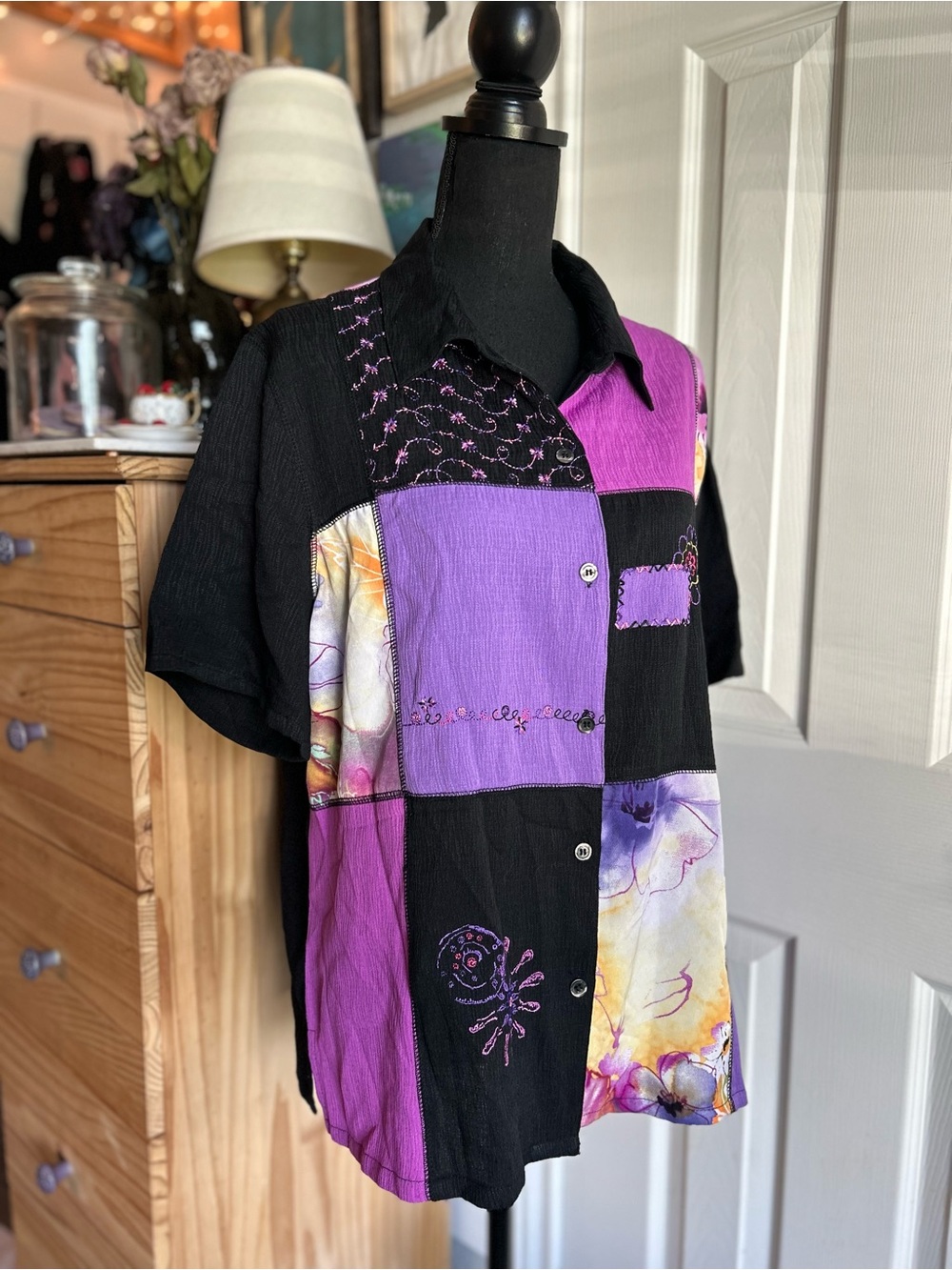 Vintage black and purple patchwork embroidered button down blouse - Picture 2 of 5